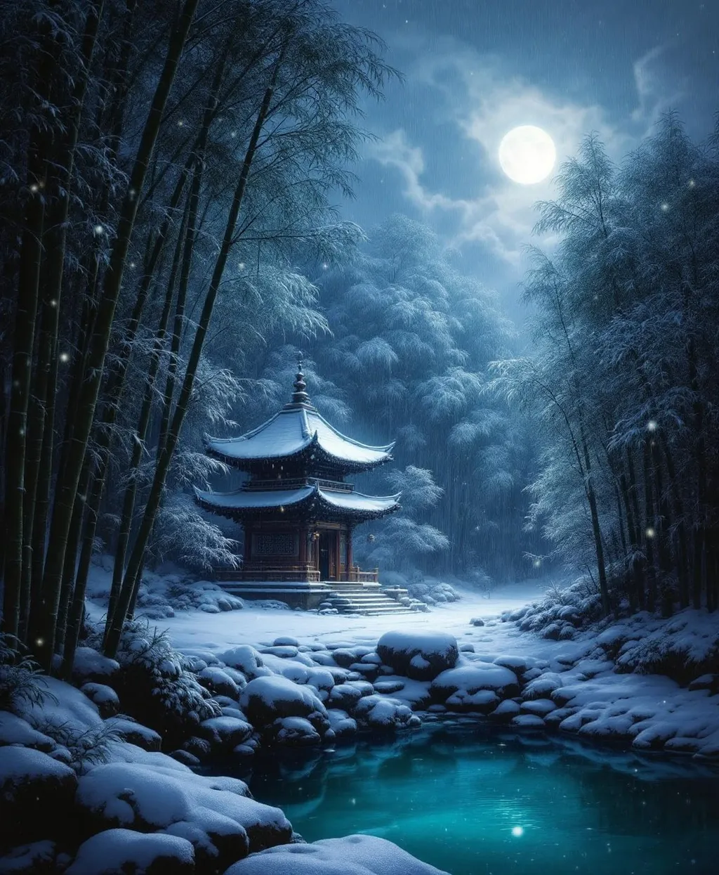 Prompt: A temple in the middle of a snow-covered bamboo forest. Mist. Snowflakes gently falling through the cold air covering the leaves and ground in white  .A serene, meditative atmosphere. A turquoise pond. Dark night . Full moon . Dramatic backlit clouds . The style of 19th-century realism .
