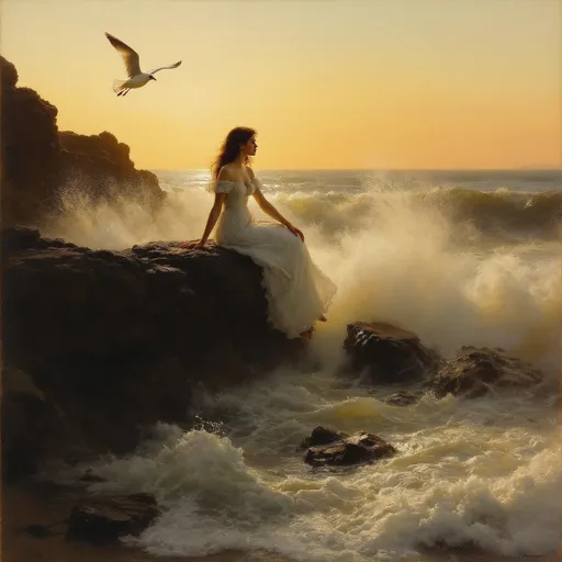 Prompt: A painting in the style of 19th-century realism. The silhouette of a young woman in a white, flowing dress sitting on a rocky seaside cliff at sunset. Foamy waves crash against the rocks sending mist into the air. In the foreground a seagull is carried by the wind.