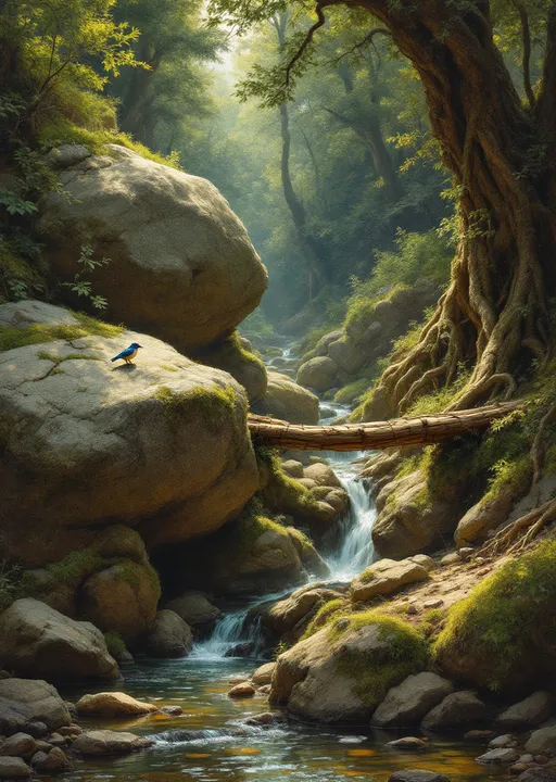 Prompt: A breathtakingly detailed and romantic forest scene in the style of 19th-century realism.
This lush woodland scene captures a vibrant forest interior bathed in warm sunlight filtering through the canopy. The viewer's eye is led through layers of natural elements, from mossy boulders and trickling water in the foreground to the dense, sun-dappled trees in the distance.
In the foreground a clear stream flows through the bottom of the image, filled with smooth pebbles and stones visible through the pristine water. The stream meanders around large moss-covered rocks, suggesting the undisturbed passage of time.

A large boulder dominates the center foreground, casting a prominent shadow and forming a natural bridge for a small waterfall that gently flows beneath it.

To the right, thick tree roots wrap around the earth and stones, showing the resilience and age of the forest.
Resting on a wooden log bridge that spans part of the rocky terrain sits a small bird, possibly a kingfisher or bluebird, adding a touch of delicate life to the composition.

The log bridge itself is simple and aged, indicating it might have been placed by a traveler or formed naturally by a fallen tree.

Trees in the midground are a mix of birches and evergreens, their trunks twisted and gnarled with age, their branches stretching out with grace and subtle chaos.
In the background deeper into the forest, you can see sunlight piercing through the canopy, lighting up patches of forest floor and creating a magical play of light and shadow.

A waterfall can be glimpsed in the upper left, flowing down a steep, wooded incline and feeding the stream below.

The colors are rich with earthy greens, golden highlights, and warm browns, immersing the viewer in the natural beauty of an untouched forest.
The scene conveys a sense of tranquility, harmony, and timelessness. Every element is infused with vitality, yet stillness prevails—like a moment forever frozen in the peaceful silence of the woods.
