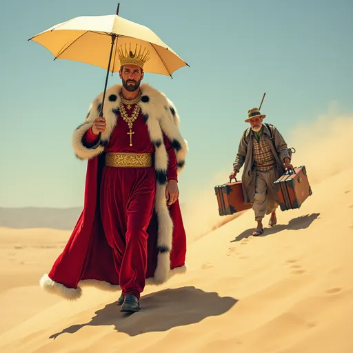Prompt: A king wearing a long , flowing red velvet robe trimmed with white ermine fur with black spots along with a matching white ermine fur capelet with black spots walks across a sand dune . He wears a golden crown on his head and holds an umbrella in one hand to shield himself from the blazing sun . Behind him a servant struggles under the weight of heavy suitcases carrying them on a stick slung over one shoulder walking hunched over from the burden . Sunlight .Mist