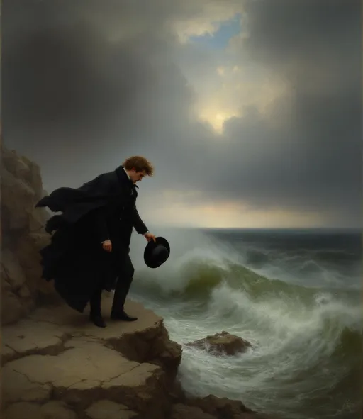 Prompt: A dramatic Romantic-era painting showing a man standing on a rocky cliff at the edge of a stormy sea. The man is dressed in 19th-century attire in black wearing a long coat and holding a dark hat in his right hand. His hair and cloak are blown violently by the wind emphasizing the intensity of the storm around him. He stands near the edge of the rocks leaning slightly forward his left hand touching the stone surface for balance. Beneath him a powerful wave crashes against the rocks sending white foam upward. The sea is turbulent painted in shades of green, gray and white with a sense of motion and chaos.
The sky is filled with heavy, rolling clouds transitioning from dark gray to a faint, pale light on the horizon suggesting the fading light of evening.
The overall atmosphere is dramatic and emotional - a vivid portrayal of man's confrontation with the sublime force of nature where wind, water and rock seem to merge in a scene of majestic turmoil.
A painting in the style of 19th-century realism.