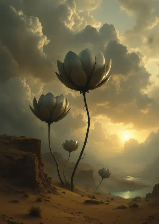Prompt: Gigantic metal flowers enshrouded in mist and clouds growing up to the clouds sprouting from metal bulbs nestled on golden sand dunes .Sandy cliffs . Mist. A turquoise pond . The most striking element is the sky . Thick, billowing clouds stretch across the sky, heavy and textured with tones of grey, brown, and hints of blue. These clouds seem to part just enough to reveal a glowing band of soft, golden-yellow light near the horizon, suggesting either a sunrise or a sunset. This light gently spills across the landscape, casting a muted radiance that enhances the depth and mystery of the scene. The style of 19th-century realism.
