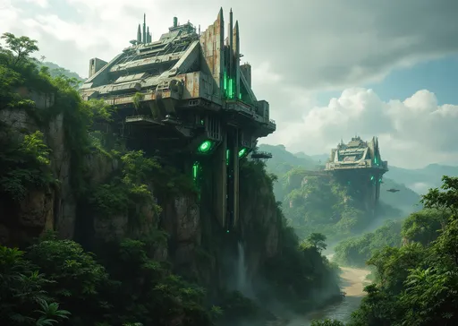 Prompt: Two massive , towering, abandoned , decayed , rusted , overgrown with tropical vegetation and vines futuristic , sci-fi structures rise dramatically from within a lush , tropical jungle perched on rocky cliffs. Each construction is a fusion of brutalist architecture and high-tech elements with angular platforms , glowing green energy cores and mechanical arms extending outward like industrial limbs . The main body of the structure is embedded into the rock itself with large metal ribs and vertical spires jutting upward toward the sky . Neon green lights pulse from within hinting at some hiden power source or alien technology . Suspended bridges and landing pads are attached to the cliff faces partially covered in moss and vines . Around the structures the thick jungle spreads in every direction-dense and distant waterfalls while omnious clouds roll across a dramatic sky overhead . Steam and mist rise from the jungle . A muddy wide river . Waterfalls . Sunlight . Mist .