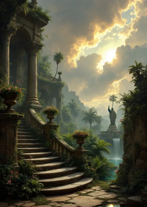Prompt: A crumbling staircase of a ruined palace. The staircase has ornate stone balustrades decorated with stone urns filled with withered flowers. Lush tropical plants coil around the ornate pillars of the balustrades. A huge peacock stands gracefully on the steps. Lush tropical plants , flowers and palms. Mist. A ruined fountain with a statue covered in moss . A turquoise pool. Waterfalls. The most striking element is the sky . Thick, billowing clouds stretch across the sky, heavy and textured with tones of grey, brown, and hints of blue. These clouds seem to part just enough to reveal a glowing band of soft, golden-yellow light near the horizon, suggesting either a sunrise or a sunset. This light gently spills across the landscape, casting a muted radiance that enhances the depth and mystery of the scene. The style of 19th-century realism.