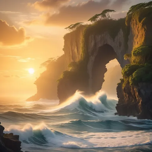 Prompt: Ocean with rolling waves , a portal through a high cliff rock covered in tropical vegetation .  Mist . Glorious golden sunset