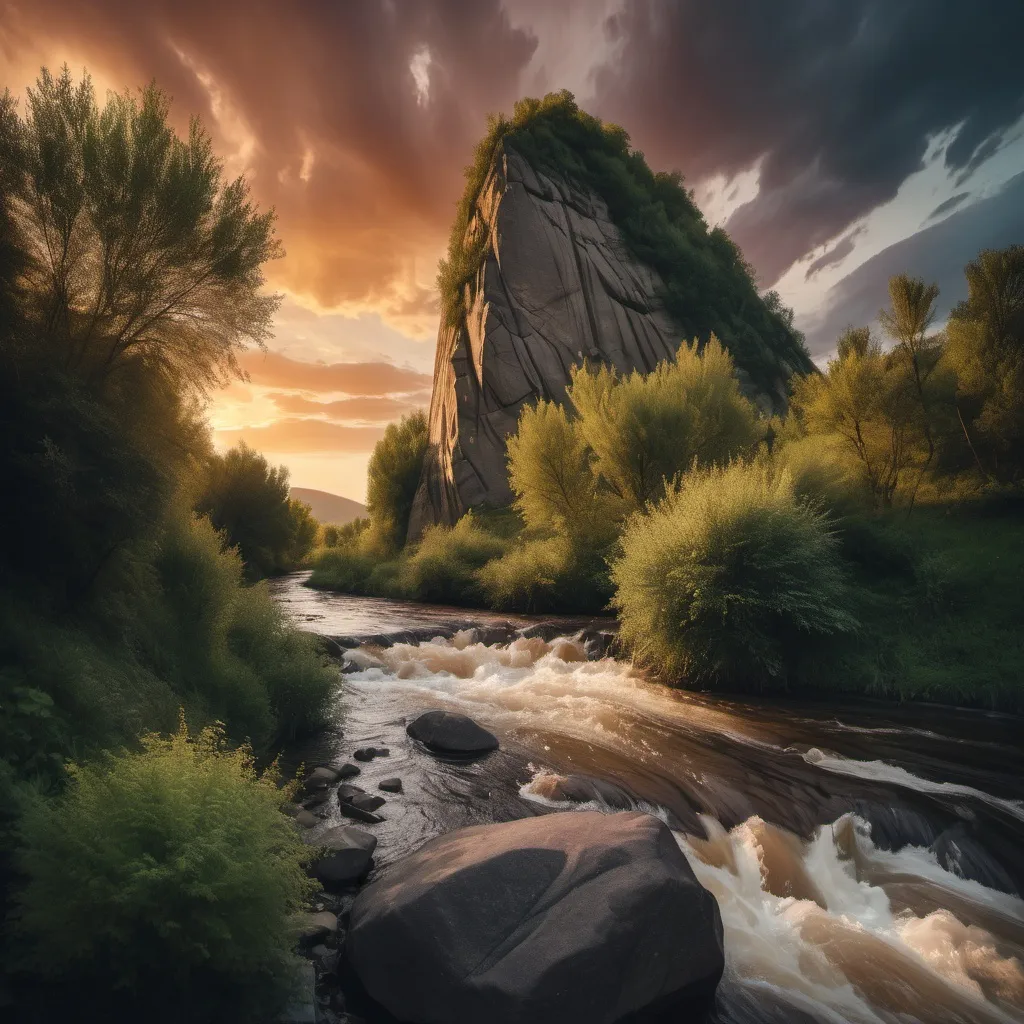 Prompt: a river flows next to a pointy high rock. the banks are covered with bushes . Lit by sunset . Dramatic sky