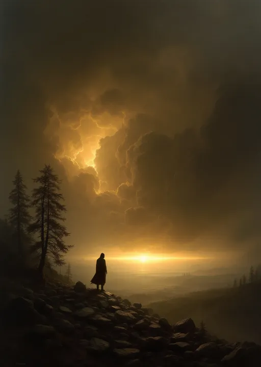 Prompt: Thousands of stones levitating around a mysterious silhouette .Trees. Surreal and atmospheric scene .Mist.
The most striking element is the sky . Thick, billowing clouds stretch across the sky, heavy and textured with tones of grey, brown, and hints of blue. These clouds seem to part just enough to reveal a glowing band of soft, golden-yellow light near the horizon, suggesting either a sunrise or a sunset. This light gently spills across the landscape, casting a muted radiance that enhances the depth and mystery of the scene. The style of 19th-century realism .