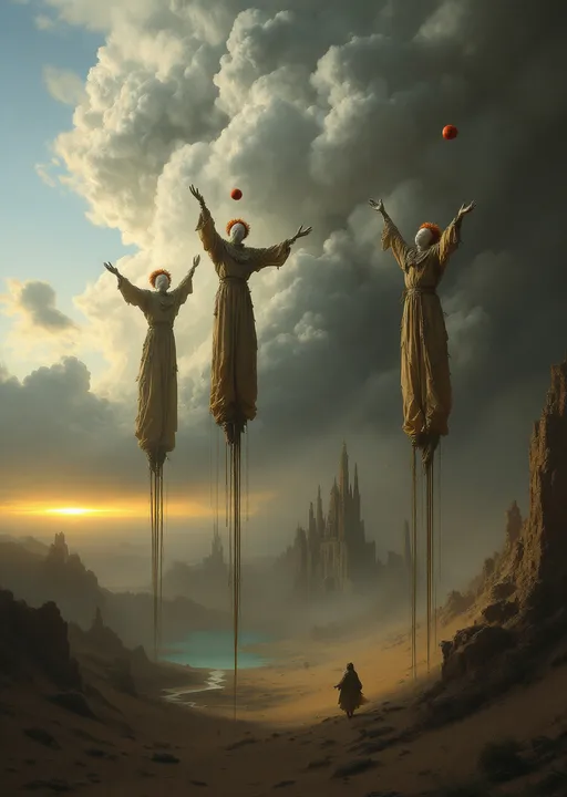 Prompt: Three harlequins on towering stilts covered by long pants reaching the clouds juuggling red balls shrouded in mist and clouds walking through sand dunes.  Strange, mysterious, slender towering ruins. Waterfalls. Mist. A turquoise pond . The most striking element is the sky . Thick, billowing clouds stretch across the sky, heavy and textured with tones of grey, brown, and hints of blue. These clouds seem to part just enough to reveal a glowing band of soft, golden-yellow light near the horizon, suggesting either a sunrise or a sunset. This light gently spills across the landscape, casting a muted radiance that enhances the depth and mystery of the scene. The style of 19th-century realism .