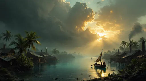 Prompt: A lagoon shallow turquoise water , leaning palms over water and lush tropical plants. Post-apocalyptic huts made of metal sheets, rags and wood on stilts over water. Mist. A boat with a patched sail. Men and women in tattered clothes. Billowing smoke from improvised chimneys. The most striking element is the sky . Thick, billowing clouds stretch across the sky, heavy and textured with tones of grey, brown, and hints of blue. These clouds seem to part just enough to reveal a glowing band of soft, golden-yellow light near the horizon, suggesting either a sunrise or a sunset. This light gently spills across the landscape, casting a muted radiance that enhances the depth and mystery of the scene. The style of 19th-century realism .