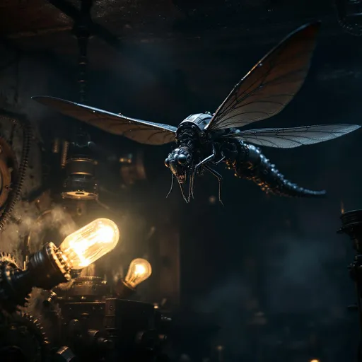 Prompt: A mechanical dragonfly flying toward a glowing lightbulb in a dark basement filled with greasy gear-driven mechanisms , decommissioned vintage Victorian-era robots , metallic prosthetics and robots spare parts - steampunk atmosphere , mist , dramatic lighting , intricate machinery , moody shadows .