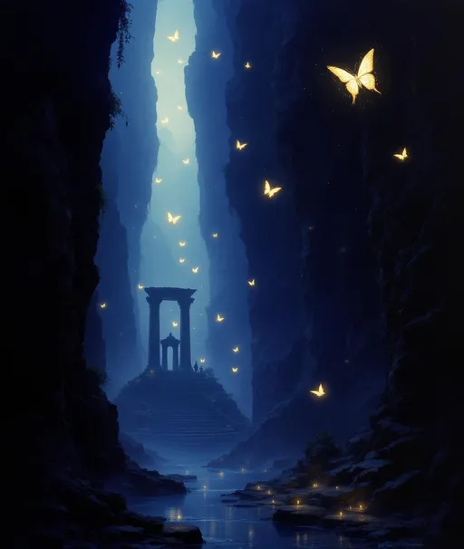 Prompt: A painting in the style of 19th-century realism. A dimly lit deep, misty chasm bathed in a moody bluish-purple light. Rock walls rise and fall dramatically on both sides filled with deep vertical crevices. Ethereal glowing luminescent butterflies gently float in the air adding a magical otherworldly atmosphere. An ancient temple carved in the stone walls of the chasm. The floor of the chasm is flooded with a misty water . Glowing fireflies floating above the water surface. A floating fairy with delicate wings.