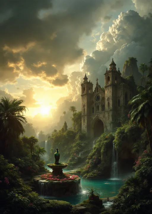 Prompt: A crumbling, ruined cathedral. A huge peacock. Lush tropical plants , flowers and palms. Mist. A ruined fountain with a statue covered in moss . A turquoise pool. Waterfalls. The most striking element is the sky . Thick, billowing clouds stretch across the sky, heavy and textured with tones of grey, brown, and hints of blue. These clouds seem to part just enough to reveal a glowing band of soft, golden-yellow light near the horizon, suggesting either a sunrise or a sunset. This light gently spills across the landscape, casting a muted radiance that enhances the depth and mystery of the scene. The style of 19th-century realism.