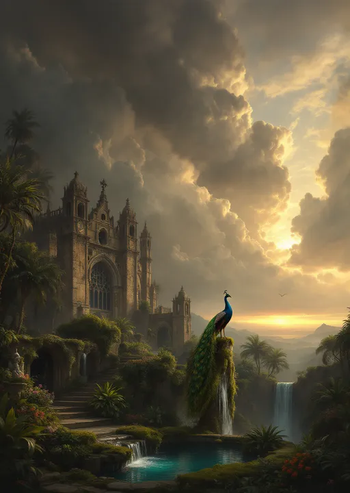 Prompt: A crumbling, ruined cathedral. A huge peacock. Lush tropical plants , flowers and palms. Mist. A ruined fountain with a statue covered in moss . A turquoise pool. Waterfalls. The most striking element is the sky . Thick, billowing clouds stretch across the sky, heavy and textured with tones of grey, brown, and hints of blue. These clouds seem to part just enough to reveal a glowing band of soft, golden-yellow light near the horizon, suggesting either a sunrise or a sunset. This light gently spills across the landscape, casting a muted radiance that enhances the depth and mystery of the scene. The style of 19th-century realism.