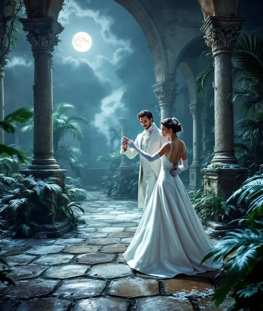 Prompt: In the misty, snowy , overgrown with lush tropical plants and palms covered in frost and snow inner courtyard of a ruined palace its stone floor paved with a faded checkboard pattern a solitary couple-a man in white 18th-century formal attire and a woman in white satin ball gown and elbow length white satin gloves-gracefully waltz among crumbling columns and arches . A dark night , full moon , dramatic backlit clouds.