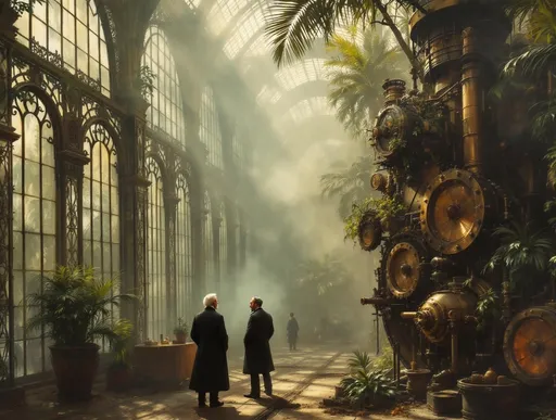 Prompt: A painting in the style of 19th-century realism. A perspective from above inside an enormous, tall, hazy, elongated Victorian-era greenhouse filled with lush tropical plants and palms from which steam slowly rises. Tall, arched, dirty Victorian windows with panes richly decorated with wrought iron frames shaped like intricate filigree featuring delicate curls and lace-like metalwork. An enormous, elongated steampunk machinery made of brass, copper pipes, riveted metal plates and rotating mechanical components. Shafts of sunlight filtering through windows illuminating the dust suspended in air. Two  men dressed in late 19th-century fashion are engaged in a conversation. One of them facing the camera has a short, sharp-pointed white beard.