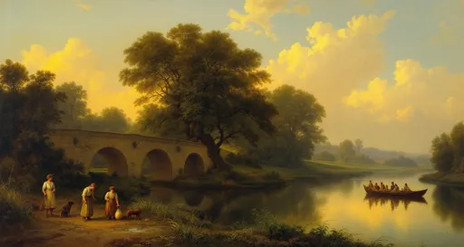 Prompt: A classical landscape scene in the style of the 19th-century realism.
The image portrays a serene and romanticized pastoral landscape at dusk, with the sky glowing in rich golden, orange, and soft blue hues, suggesting the warm light of sunrise or sunset. The composition is well-balanced, with a strong use of perspective drawing the viewer’s eye into the distance.
In the bottom left, two figures — likely peasants — are near a stream or riverbank. One appears to be filling a jug while the other is standing and holding a staff or stick. They are accompanied by a dog, emphasizing a rural, everyday scene. Their clothing is simple, in keeping with a humble, agrarian lifestyle.
A stone bridge with multiple arches spans the river, serving as a central architectural element and visual connector between the two sides of the painting. To the right of the bridge, a small boat with several figures is seen gliding gently across the water. A dense grove of large trees rises above the river on the right-hand side, casting shadows and adding depth to the composition.
On the left side, across the bridge and farther into the landscape, a grand building or palace with classical architecture is nestled amidst trees and rolling hills. The presence of this building suggests nobility or ancient civilization. The distant mountains or hills are softly bathed in warm light, enhancing the idyllic and timeless atmosphere of the scene.
The scene is executed in a highly detailed and idealized manner, with careful attention to light, nature, and harmony — characteristic of the classical landscape tradition. It likely aims to evoke a sense of peace, nostalgia, and the sublime beauty of nature.