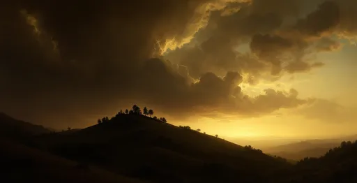 Prompt: A dramatic and evocative landscape, likely from the Romantic period, characterized by its atmospheric sky and deep connection to nature in the style of 19th-century realism.
The scene captures a moody, twilight moment in a hilly, forested landscape. The most striking element is the sky, which dominates the upper half of the composition. Thick, billowing clouds stretch across the sky, heavy and textured with tones of grey, brown, and hints of blue. These clouds seem to part just enough to reveal a glowing band of soft, golden-yellow light near the horizon, suggesting either a sunrise or a sunset. This light gently spills across the landscape, casting a muted radiance that enhances the depth and mystery of the scene.

Below the sky, undulating hills and dense clusters of trees roll into the distance. The central hill, slightly elevated and crowned with a sparse group of silhouetted trees, stands out against the illuminated horizon, drawing the viewer's eye. The layering of the hills creates a strong sense of perspective and distance, enhanced by the subtle gradation in light and shadow.

The lower foreground features a mixture of shrubs, bushes, and uneven terrain, leading the viewer into the composition. To the left, dark, leafy trees rise high and cast shadows over a quiet body of water - a slow-moving river—that reflects the dim light of the sky. This water body adds serenity to the otherwise brooding atmosphere.

The overall tone of the painting is contemplative and solemn, with a quiet, natural majesty. The absence of human figures reinforces the wild, untouched feel of the setting, and the interplay of dark foliage and golden light creates a poetic contrast that is both powerful and calming.



