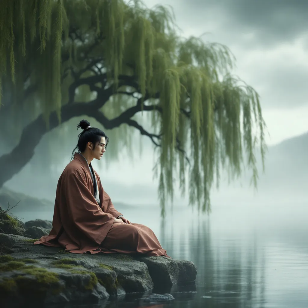 Prompt: A japanese scholar man meditating by a calm, misty river . The man dressed in flowing japanese robes having his hair tied in a small topknot sits peacefully on a moss-covered rock under a gracefully arching willow tree . The scene is enveloped in soft mist with lush greenery and distant trees fading into the background . Rocks in water . The scene captures a timeless moment of contemplation and nature's beauty . Overcast sky 