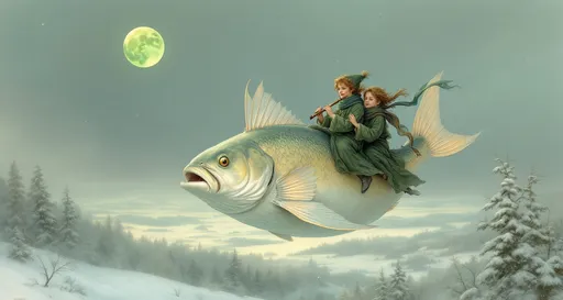 Prompt: Two children ( a girl and a boy) dressed in green nightgowns are riding a giant fish that floats in the air above snow-covered trees and hills. The girl sits in the front playing a flute while the boy sits behind her holding onto her with his hands. Both are wearing scarves that flutter in the wind . Mist .The sky is a wintery blue-gray and a green moon is visible in the sky. A painting in the style of 19th-century realism .