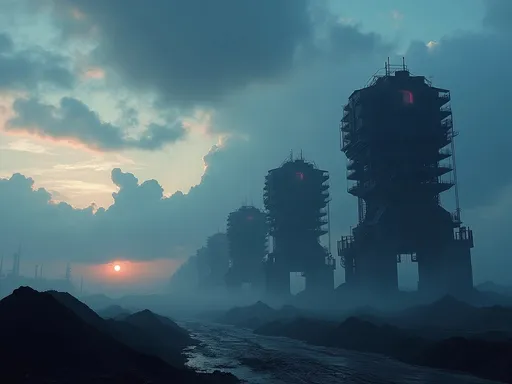Prompt: A row of huge sci-fi industrial machinery towering over a landscape filled with massive heaps of mining waste silhouetted against a dramatic blue sunset with storm clouds . In the distance futuristic industrial facilities create a dystopian atmosphere . Thick mist .