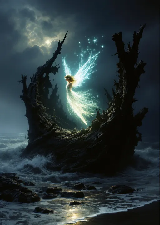Prompt: A glowing fairy with delicate wings radiating light trapped between the rotten blackened ribs of a wrecked ship stranded on a beach of volcanic black sand . Mystical atmosphere. Mist . Stormy clouds. Stormy sea. The style of 19th-century realism .
