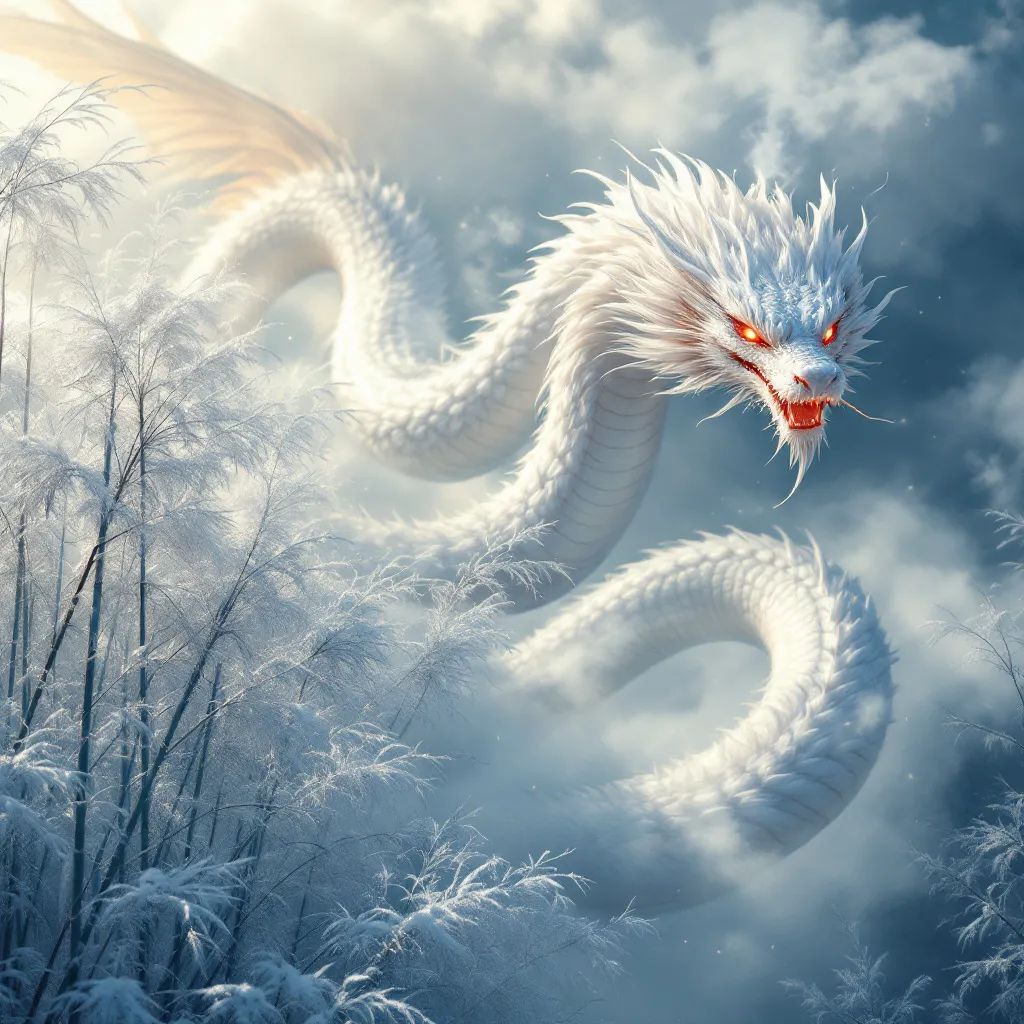 Prompt: A huge, flying snake with dragon head from chinese mythology covered in white, soft fur with large wings , a long tail and glowing red eyes soars high through a snow-covered bamboo forest . Smoke rises from its nostrils as it glides gracefully through the frozen , misty air . Mist . Sunlight .