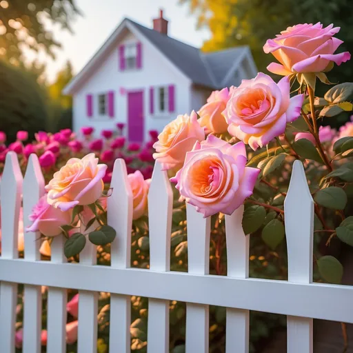 Prompt: light pimk roses on a white picket fence . Magenta , glowing vibrant colors , a cottage in background, 
rose petals lit by strong sunlight orange and pink hues