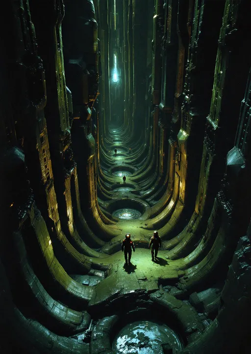 Prompt: An aerial view of three individuals wearing a combination of a samurai armor and a hockey suit space suits and helmet lights walk on the bottom of an enormous , towering , highly detailed , biomechanical , organic , wet and slimy canyon in the shape of a labyrinth reminiscent of the art style of H.R. Giger inside a massive , dark , alien derelict lit by a dim blue light . The surface of the labyrinth canyon is composed of a series of large , rib-like vertical structures or conduits that curve smoothly toward the bottom blending into the floor . Each "rib" appears to be made of a dark , metallic or stone-like material with subtle greenish-brown hues and a slightly weathered texture.
Between the ribs intricate mechanical panels with symmetrical patterns , grooves and recesses can be seen contributing to the industrial yet organic look. Several of the ribs are wrapped or reinforced by what appear to be segmented clamp-like structures adding to the structural complexity. Some ribs stand out due to their larger size and different surface texture appearing more worn and slightly reddish with circular and rectangular details suggesting interfaces or ports . These central elements may serve a functional or symbolic purpose possibly indicating a conduit or vent .
The overall aesthetic is dark, moody and alien evoking the interior of a derelict spacecraft or biomechanical facility. The detailing suggests a fusion of organic and synthetic elements reinforcing a sense of both technological advancement and eerie decay . Inside the derelict is dark the only lights visible are the helmets light spots projected on the walls .  Mist. The entire scene is shrouded in mist which drifts gently on the canyon bottom . Puddles of water . The three individuals are dwarfed, barely visible at the bottom of the massive canyon with their lights on .