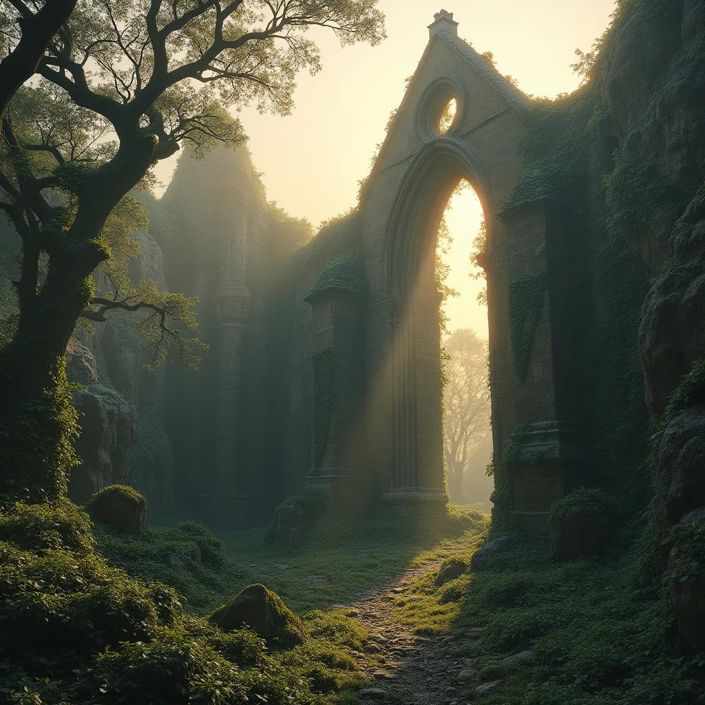 Prompt: the ruins of a Gothic church invaded by bushes and thickets , gnarled trees covered with ivy , high rocks , mist , golden sun