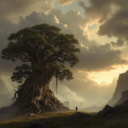 Prompt: A massive, gnarled and lush tree with an intricate web of roots growing in a white sci-fi square surrounded by white sci-fi buildings . Mist.  The most striking element is the sky . Thick, billowing clouds stretch across the sky, heavy and textured with tones of grey, brown, and hints of blue. These clouds seem to part just enough to reveal a glowing band of soft, golden-yellow light near the horizon, suggesting either a sunrise or a sunset. This light gently spills across the landscape, casting a muted radiance that enhances the depth and mystery of the scene. The style of 19th-century realism.