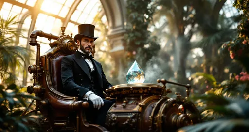 Prompt: A distinguished Victorian gentleman wearing a black tailcoat , white waistcoat and a top hat is seated in a fantastical steampunk time machine. The machine features large, intricate brass gears, polished mahogany panels and twin gyroscopic rings rotating around a glowing crystal core . Copper pipes and riveted iron frames add to its ornate mechanical design .
This scene unfolds inside a grand Victorian glass conservatory with wrought iron ornamentation, arches and stained glass inlays . The greenhouse is overgrown with lush, exotic tropical plants,  palm trees and flowering vines curling toward the glass ceiling . Dappled sunlight filters through the fogged glass panes. Mist and steam. Golden sunlight . The air feels charged wit mystery and impeding travel through time .
