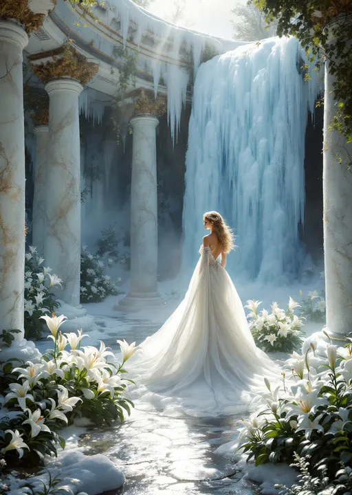 Prompt: A frozen waterfall. Frozen white lilies. 
Marble columns. Mist. An Ice Queen wearing a white gown with a flowing train . Sunlight. Sunrays. 