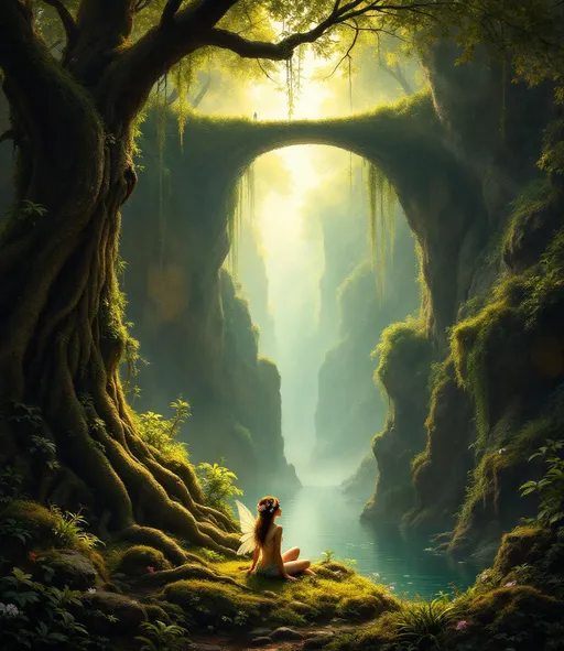 Prompt: A fantastical, serene scene deep within a lush mist-filled forest. At the center a fairy with delicate wings and flowers in her hair is seated on the ground under a lush, massive, gnarled tree. Gentle rays of golden sunlight filter through the trees above bathing the fairy in a warm, ethereal glow. Beneath the cliff the water disappears into shadows surrounded by hanging roots and thick plants. Thick tree roots, vines and moss drape over the cliff's edge blending the stone with the surrounding plants. In the background, high above, there is a natural rock bridge - a massive stone covered in vines and greenery stretching horizontally across the forest air.
Around the scene massive moss covered rocks, twisted vines and lush foliage create a sense of ancient wilderness. In the background light pours through gaps in the stone and greenery illuminating the rising mist and giving the entire environment a dreamlike, otherworldly atmosphere- a magical fusion of nature and music. A painting in the style of 19th-century realism.