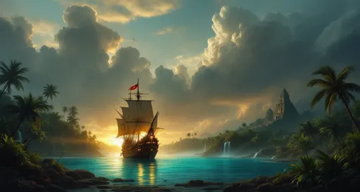 Prompt: A pirate galleon with glowing lanterns on a turquoise misty river in the middle of a lush tropical jungle with plants and palms. Mayan ruins . Waterfalls. The most striking element is the sky . Thick, billowing clouds stretch across the sky, heavy and textured with tones of grey, brown, and hints of blue. These clouds seem to part just enough to reveal a glowing band of soft, golden-yellow light near the horizon, suggesting either a sunrise or a sunset. This light gently spills across the landscape, casting a muted radiance that enhances the depth and mystery of the scene. The style of 19th-century realism.