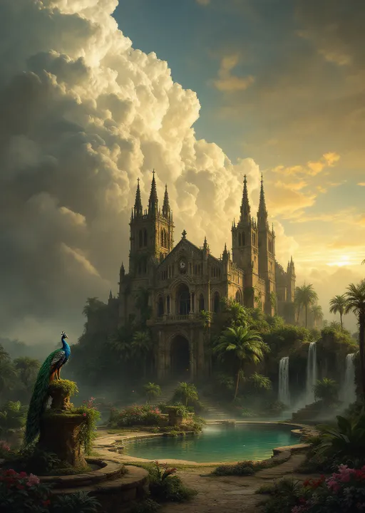 Prompt: A crumbling, ruined cathedral. A huge peacock. Lush tropical plants , flowers and palms. Mist. A ruined fountain with a statue covered in moss . A turquoise pool. Waterfalls. The most striking element is the sky . Thick, billowing clouds stretch across the sky, heavy and textured with tones of grey, brown, and hints of blue. These clouds seem to part just enough to reveal a glowing band of soft, golden-yellow light near the horizon, suggesting either a sunrise or a sunset. This light gently spills across the landscape, casting a muted radiance that enhances the depth and mystery of the scene. The style of 19th-century realism.