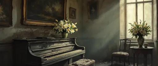 Prompt: A painting in the style of 19th-century realism. A dusty old piano with missing keys in a dusty, hazy, abandoned Victorian parlor. The walls have peeling paint, the furniture is aged and covered in dust. Faded, weathered paintings hang on the walls. On the top of the piano rests a vase filled with white lilies. The atmosphere is moody and melancholic. Vases with lavish bouquets of flowers. Very dim light filtering through a tall, dirty window.