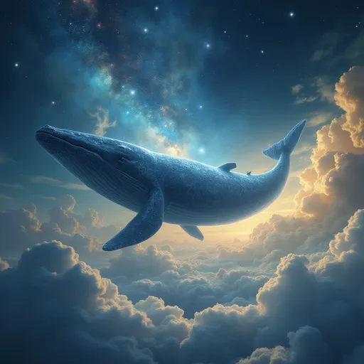 Prompt: A surreal , dreamlike scene with a massive celestial whale floating in space its body blending with the Cosmos above a sea of swirling , ethereal clouds . The background features a starry , night sky with nebula-like colors including deep blues , bright yellows and whites creating a cosmic atmosphere . The scene has a magical , otherworldy feel. 