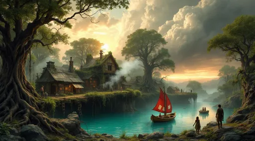 Prompt: Post-apocalyptic huts made of wood, metal sheets and rags perched in massive , lush , gnarled magical trees in an enchanted forest covered in vines around a turquoise pool of water with tangled web of roots emerging from the ground . Smoke billowing from the improvised chimneys.  Men and women in tattered clothes. A small boat with a patched red sail floating in the pool. Rope ladders lowered in the water . Rocks. Rocky cliffs . The entire scene is shrouded in mist with clouds drifting gently above the trees . The most striking element is the sky . Thick, billowing clouds stretch across the sky, heavy and textured with tones of grey, brown, and hints of blue. These clouds seem to part just enough to reveal a glowing band of soft, golden-yellow light near the horizon, suggesting either a sunrise or a sunset. This light gently spills across the landscape, casting a muted radiance that enhances the depth and mystery of the scene. The style of 19th-century realism.