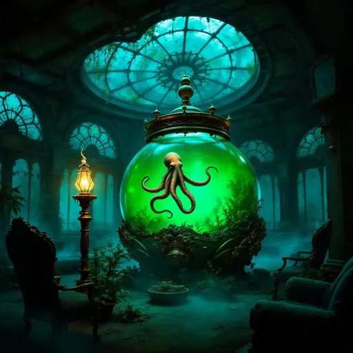 Prompt: A painting in the style of 19th-century realism. An underwater, abandoned and eerie-looking dark hideout with gothic and steampunk-inspired architecture. A floating octopus, barely visible inside a spherical aquarium filled with glowing green murky water. The aquarium is embedded in a steampunk bronze stand shaped like an ornate seashell. Pots with lush tropical plants. The room is dimly lit with a bluish-green glow filtering through stained glass windows and a dirty curved glass ceiling with ornate wrought iron frames covered in algae and grime. The atmosphere is mysterious with foggy light beams piercing through the air. Ornate, antique lamps shaped like seahorses stand in the foreground covered in rust and marine growth. Steampunk sofas and armchairs. Dark-cyan fog.