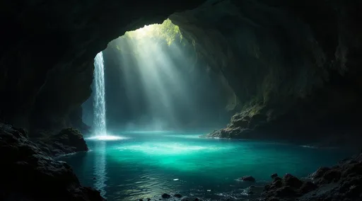 Prompt: A dark cave flooded with turquoise water . Mist. A small waterfall pours in through a crack in the ceiling where sunrays stream down and illuminate the water . The style of 19th-century realism.