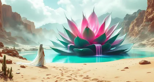 Prompt: Sand dunes . A goddess dressed in flowing white veils stands gracefully gazing at a giant , magical turquoise agave with coiled leaves that grows in a turquoise lake. Mist. A cascade of pink liquid flows down the agave's leaves creating an ethereal atmosphere . Steam rising from the agave . Sandy cliffs. Sci-fi buildings. The entire scene is shrouded in mist with clouds drifting gently above the sand .