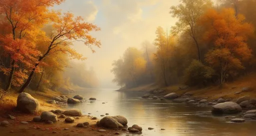 Prompt: A stunning landscape depicting a serene river scene during the autumn season in the style of 19th-century realism. The composition is rich with warm, earthy tones that capture the essence of fall in a forested environment.

The central focus of the painting is a gently flowing river or creek, its surface smooth and reflective, with slight ripples indicating a calm current. The water is shallow in some areas, revealing rounded rocks and stones scattered across the riverbed. Larger, smooth boulders are positioned along the banks and partially submerged in the water, contributing to the natural texture and rhythm of the scene.

On either side of the river, dense clusters of trees rise up, their foliage a brilliant mix of autumnal hues—fiery reds, golden yellows, soft oranges, and rich browns. The light from the sun, possibly in the late afternoon, bathes the entire scene in a golden glow. Sunlight filters through the treetops, illuminating the leaves and creating a luminous, almost ethereal atmosphere. The light also reflects off the water, enhancing the warm and tranquil mood of the painting.

In the distance, the forested hills roll gently upward, covered in layers of colored trees that fade softly into the blue sky. The sky itself is mostly clear, with a few fluffy white clouds catching the light of the setting (or rising) sun.

The entire scene is peaceful, timeless, and evocative of the quiet beauty of nature during the fall. The painting draws the viewer into a moment of stillness and reflection, surrounded by the vibrant, yet calming palette of autumn.