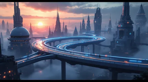 Prompt: A suspended sci-fi information superhighway carrying streams of bright blue and orange light beams winding its way through a dark futuristic sci-fi cityscape. Mist. The highway twists and curves between towering white sci-fi buildings in spherical , pyramidal , truncated cone and truncated pyramid shapes covered with scattered blue and orange lights . Darkness. Sunset .