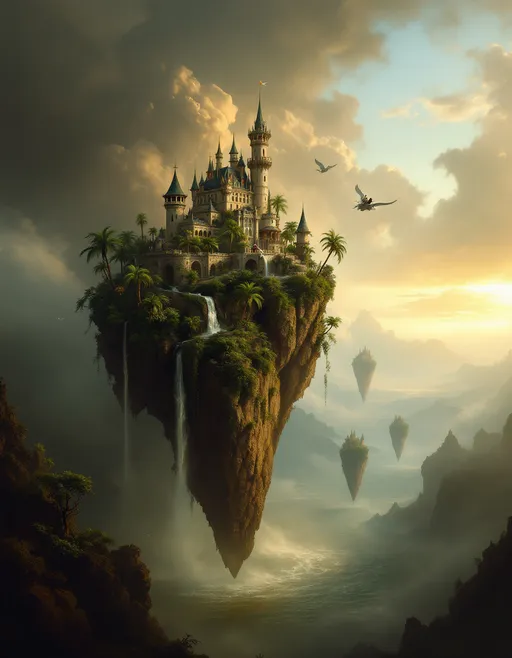 Prompt: A  fairytale castle perched atop a rocky cliff covered in lush, tropical plants and palm trees. Waterfalls cascade down its sides. The floating rock hovers above a stormy sea shrouded in mist and clouds . Mist. The base of the rock is narrow and pointed. Several similar floating rocks are visible in the distance. White dragons fly around the palace. In the foreground a prince rides a flying white dragon. The most striking element is the sky . Thick, billowing clouds stretch across the sky, heavy and textured with tones of grey, brown, and hints of blue. These clouds seem to part just enough to reveal a glowing band of soft, golden-yellow light near the horizon, suggesting either a sunrise or a sunset. This light gently spills across the landscape, casting a muted radiance that enhances the depth and mystery of the scene. The style of 19th-century realism .