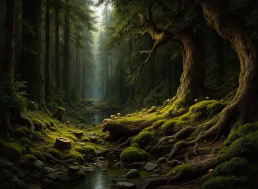 Prompt: A dense forest landscape  the style of 19th-century realism with towering trees, many of which appear aged and weathered. The trees are primarily coniferous, with their needle-like branches reaching upward, forming a thick canopy that filters sunlight. The forest floor is covered in lush green moss, which spreads across rocks, fallen logs, and twisted tree roots, creating a soft, organic texture.

In the foreground, there are gnarled tree stumps and exposed roots, giving the scene an ancient and almost mystical atmosphere. Small mushrooms are visible growing in patches on the mossy ground and on decaying wood, adding to the sense of natural decay and regeneration.

A small, still body of water is present, reflecting the surrounding greenery and adding depth to the composition. The water's surface is calm, with only a few ripples, suggesting the presence of slight movement, possibly from a gentle breeze or small woodland creatures.

The background consists of densely packed trees, some of which are leaning or have fallen over, their trunks crisscrossing in an intricate natural pattern. Sunlight filters through gaps in the canopy, casting dappled golden light on the mossy ground and highlighting certain areas while leaving others in shadow.

Overall, the image captures a sense of untouched wilderness, evoking a peaceful yet mysterious atmosphere. The combination of light and shadow, along with the intricate details of the forest floor and trees, makes this a rich and immersive woodland scene.








