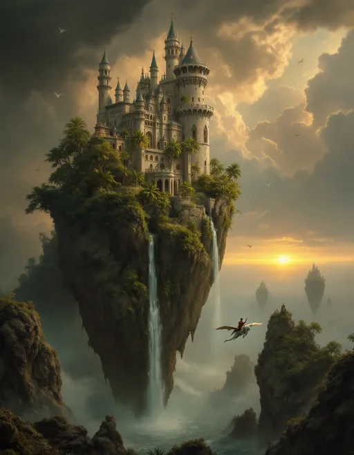 Prompt: A  fairytale castle perched atop a rocky cliff covered in lush, tropical plants and palm trees. Waterfalls cascade down its sides. The floating rock hovers above a stormy sea shrouded in mist and clouds . Mist. The base of the rock is narrow and pointed. Several similar floating rocks are visible in the distance. White dragons fly around the palace. In the foreground a prince rides a flying white dragon. The most striking element is the sky . Thick, billowing clouds stretch across the sky, heavy and textured with tones of grey, brown, and hints of blue. These clouds seem to part just enough to reveal a glowing band of soft, golden-yellow light near the horizon, suggesting either a sunrise or a sunset. This light gently spills across the landscape, casting a muted radiance that enhances the depth and mystery of the scene. The style of 19th-century realism .