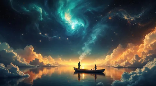 Prompt: A surreal and imaginative scene that blends cosmic wonder with dreamlike fantasy.
A man stands in a small wooden rowboat, floating not on water but through a vast, celestial sea of vibrant colors and swirling cosmic clouds. The boat appears suspended in midair, navigating a dreamy, otherworldly space. Smoke billowing from a small fire lit in the boat .
The backdrop is a spectacular explosion of colors—vivid oranges, reds, yellows, and golds dominate the lower half of the scene, resembling a fiery sunset or the swirling gases of a nebula. The upper part transitions into deeper hues—cool blues, greens, purples, and blacks—evoking the cold vastness of outer space. White and pale pastel clouds curl and billow throughout the sky, blending seamlessly with the other colors in an almost painterly fashion.
Tiny points of light scattered across the dark background resemble stars, enhancing the illusion that the boat is drifting through the universe rather than an earthly body of water. The lighting is soft and ethereal, with warm highlights reflecting subtly off the figures and the edge of the boat, creating a gentle glow that contributes to the dreamlike atmosphere.
The overall mood of the painting is one of exploration, solitude, and wonder. The man and his dog seem to be on a surreal journey through an infinite, mysterious dimension. The image evokes a sense of boundless possibility, a quiet adventure beyond time and space.


