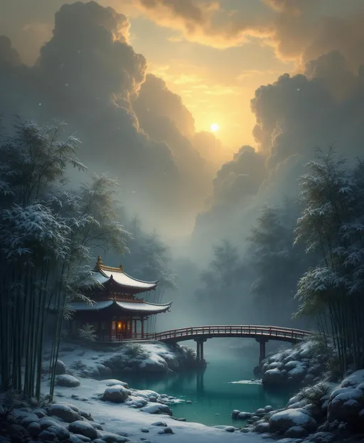 Prompt: A temple in the middle of a snow-covered bamboo forest. Mist. Snowflakes gently falling through the cold air covering the leaves and ground in white  . A serene, meditative atmosphere. A turquoise pond.  A bridge . The most striking element is the sky . Thick, billowing clouds stretch across the sky, heavy and textured with tones of grey, brown, and hints of blue. These clouds seem to part just enough to reveal a glowing band of soft, golden-yellow light near the horizon, suggesting either a sunrise or a sunset. This light gently spills across the landscape, casting a muted radiance that enhances the depth and mystery of the scene. The style of 19th-century realism.
