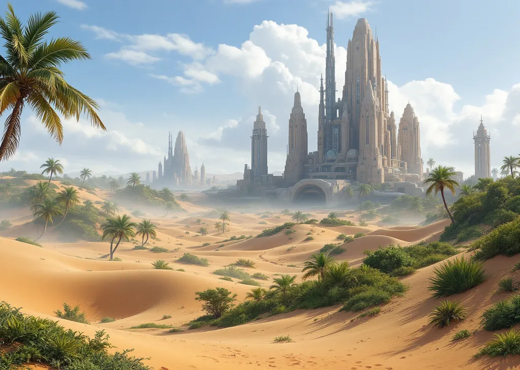 Prompt: Sand dunes  , lush tropical plants and palms . Sci-fi buildings .Mist. Sunlight .