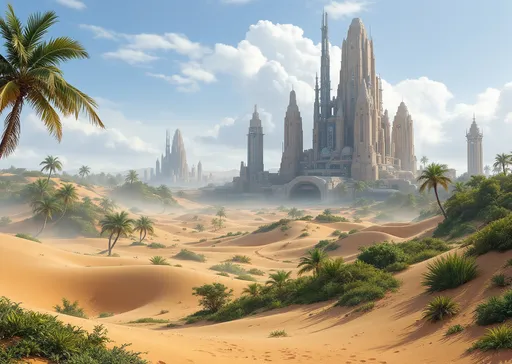 Prompt: Sand dunes  , lush tropical plants and palms . Sci-fi buildings .Mist. Sunlight .
